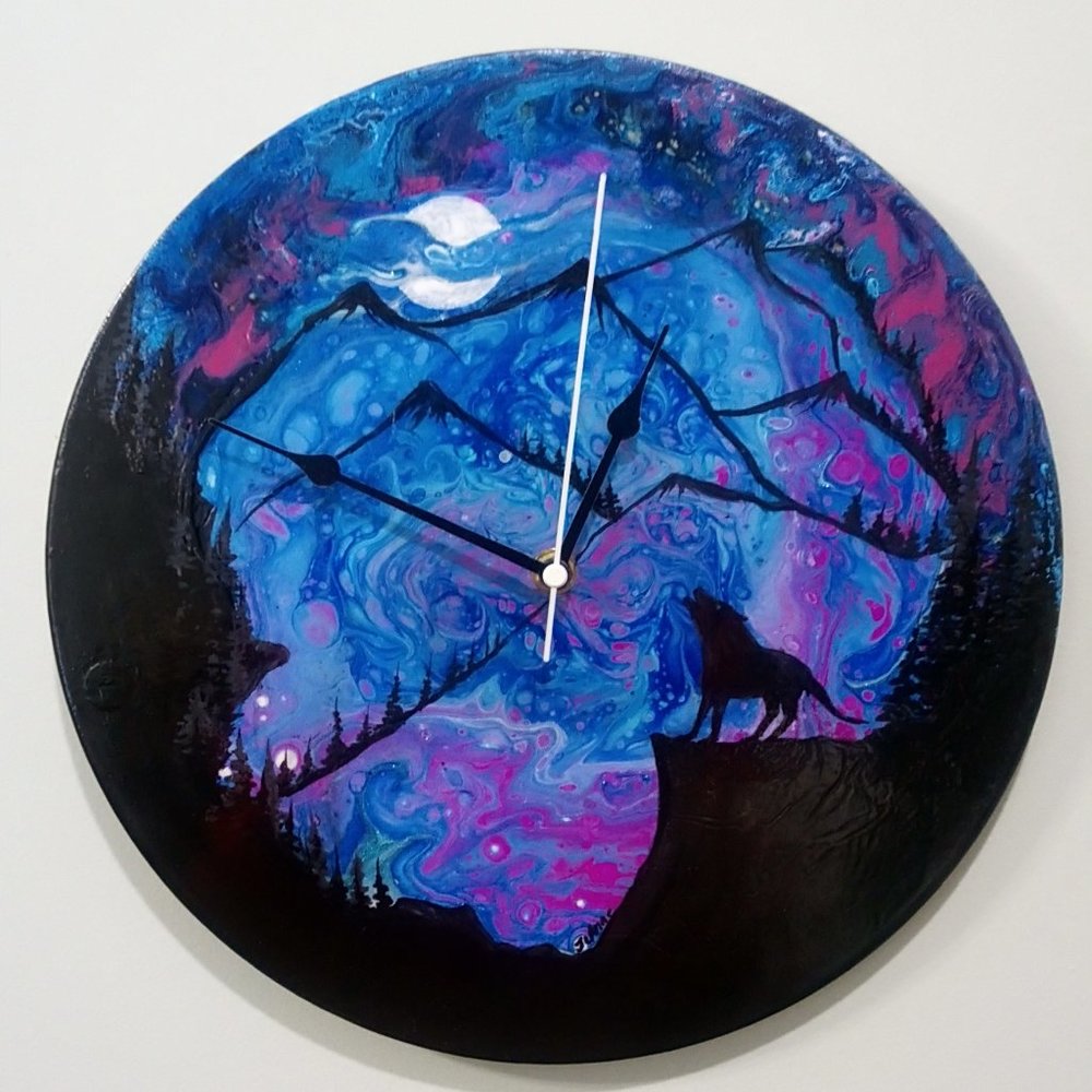 Hand Crafted Vinyl Record Painted Clock Wolf Wall Art Cerulean Blue Magenta